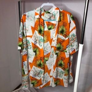 Orange Button Down Shirt with Green & White Design